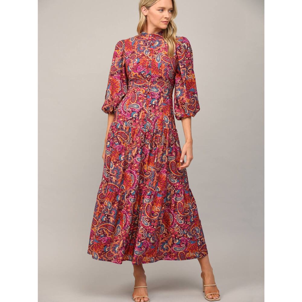 Fate Plum Paisley Maxi Dress Large Button Detail Tiered Balloon Sleeve Boho L